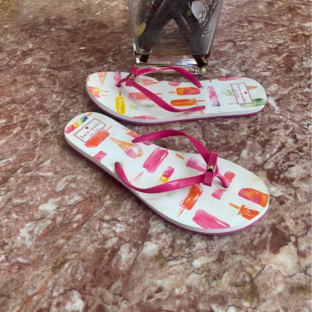 New Kate Spade Nadine Popsicle Pink Bow Flops Thongs Flat Sandals Size 10M, $65